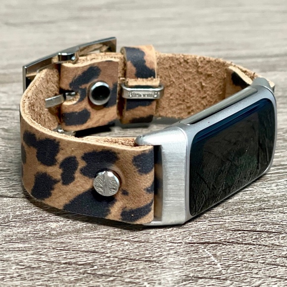 Leopard Print Leather Strap Fitbit Charge 5 Band Silver Jewelry Women Bracelet - Picture 6 of 9